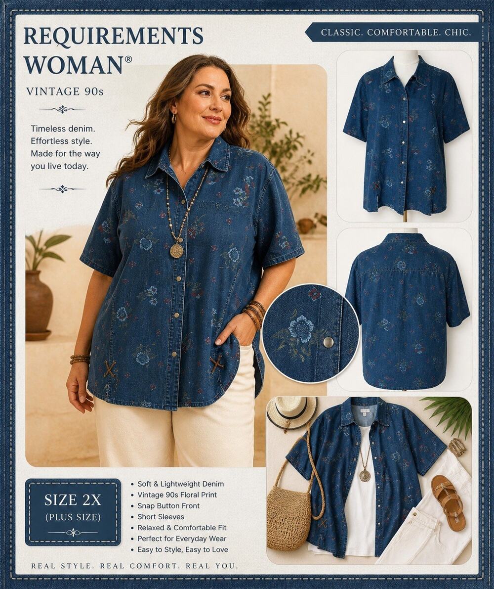 VTG Requirements Womans 2X Floral Denim Shirt Linen Blend Snap Front Cottagecore